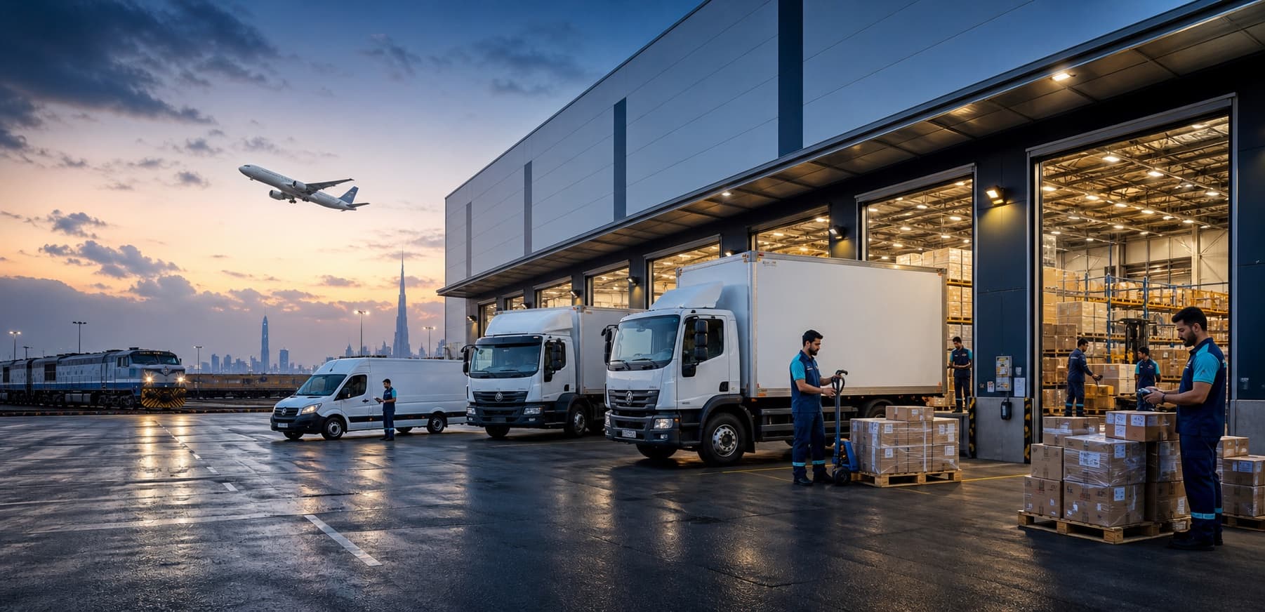 Logistics team coordinating trucks, parcels, warehouse operations, rail and air freight