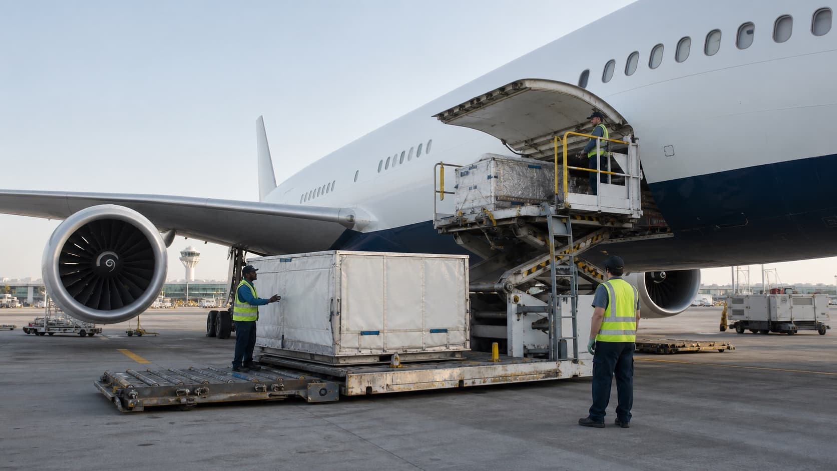 Ground crew loading cargo containers into an airplane