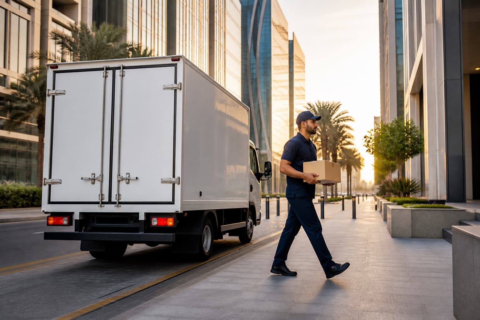 Courier carrying a parcel from a delivery truck