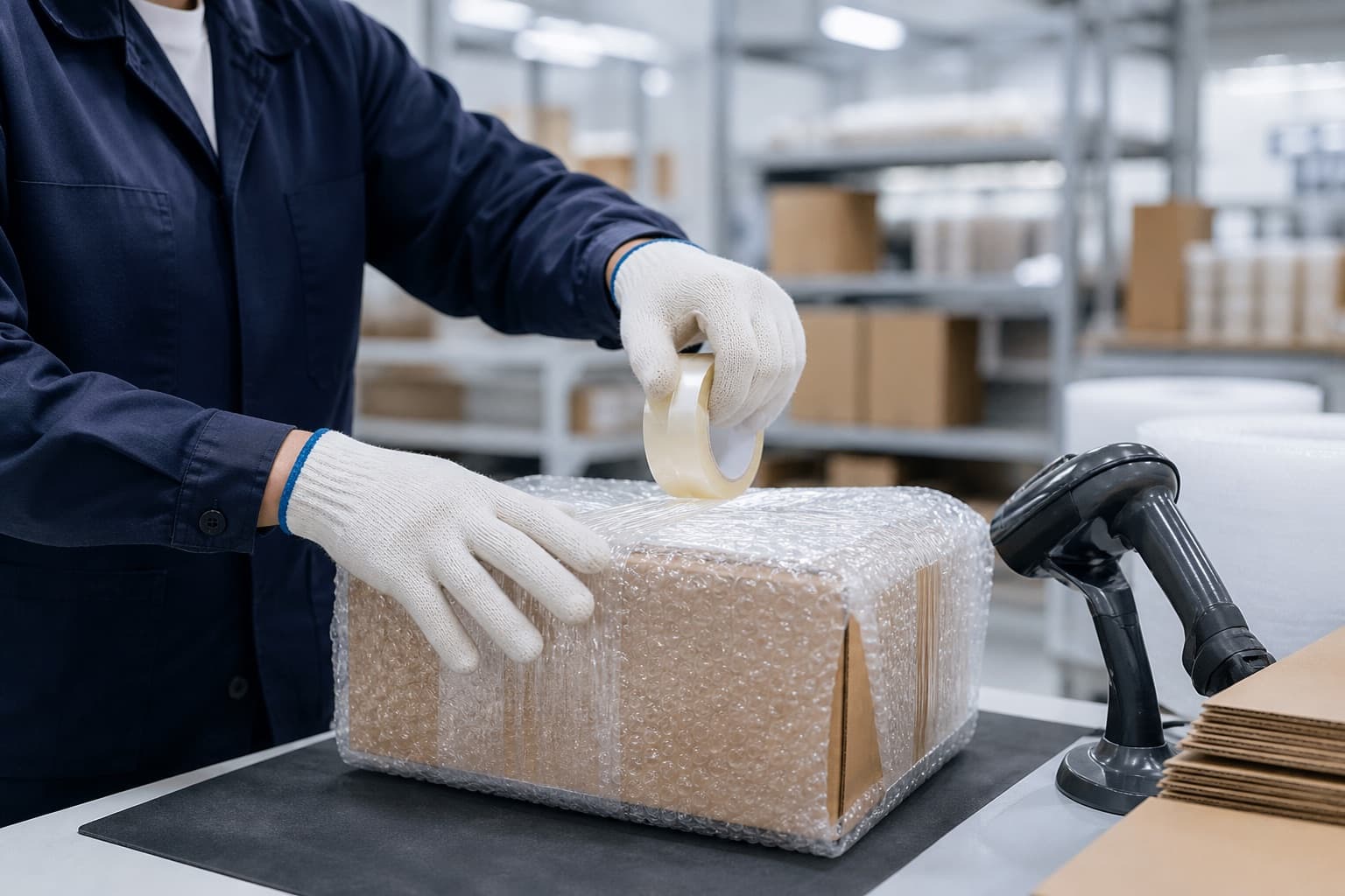Warehouse worker carefully wrapping a parcel