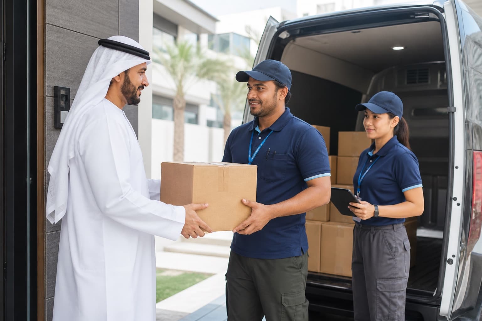Logistics team collecting a parcel from a customer